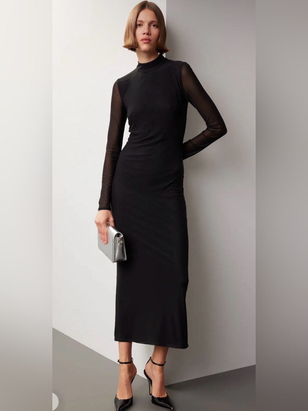 Saunders Classic Long Black Mesh Sheer-Sleeve Midi Dress R25